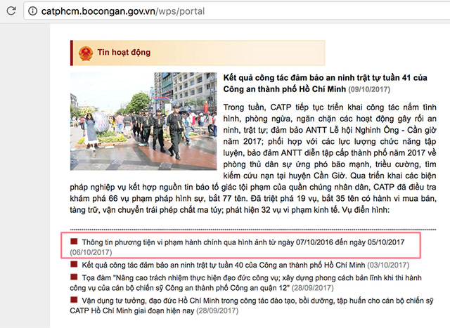 Thông tin về xe vi phạm hành chính tại Tp Hồ Chí Minh đăng tải trên trang web vào ngày 6/10/2017 vừa qua