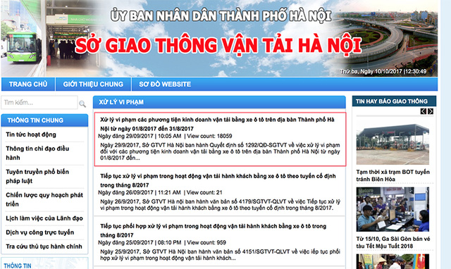 Thông tin trên trang web của sở Giao thông Vận tải Hà Nội